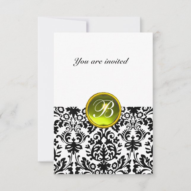 Invitation PIRRE FIN MONOGRAMME DAMASK  jaune blanc rsvp (Devant)