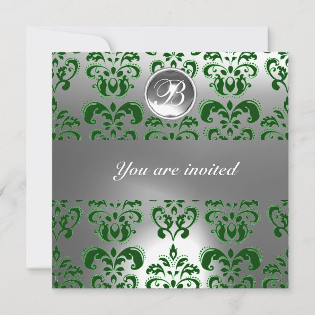 INVITATION PIRRE MONOGRAMME EN PIERRE GEMME EN DAMAS VERT ET  (Devant)