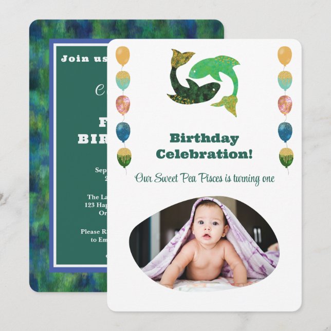 Invitation Pisces 1st Birthday Photo Impressionist Gold  Invi (Devant / Derrière)