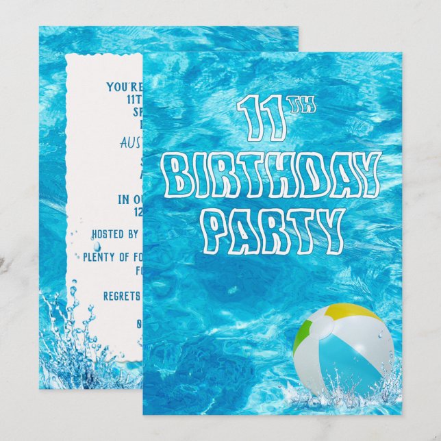 Invitation Piscine 11e anniversaire fêter l'invitation (Devant / Derrière)