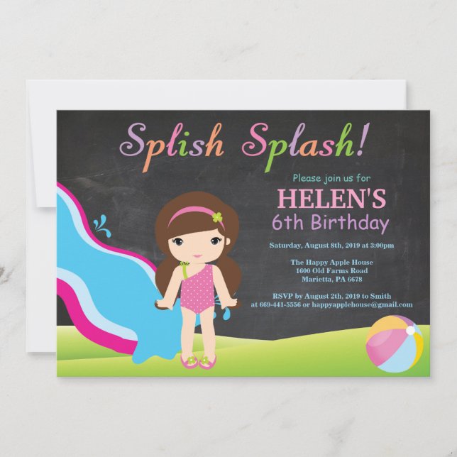 Invitation Piscine à toboggan pour tableau noir fête d'annive (Devant)