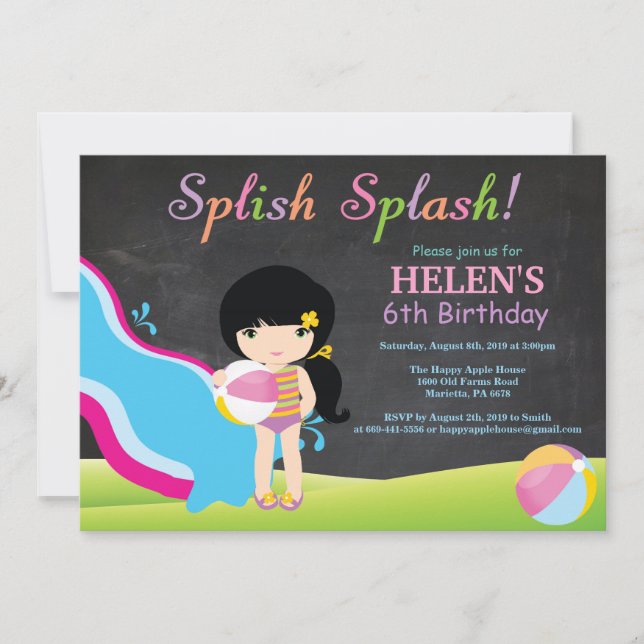 Invitation Piscine à toboggan pour tableau noir fête d'annive (Devant)