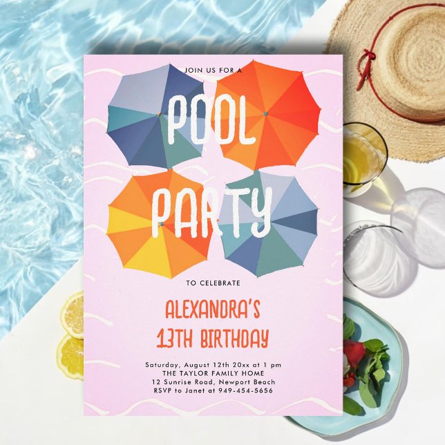 Invitation Piscine Anniversaire Parapluies Cool Ado rose Twee (teen pool party invitations for girls tween thirteen pink teal aqua blue umbrellas cute modern cool)