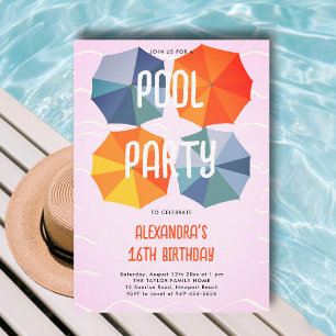 Invitation Piscine Anniversaire Parapluies Cool Rose Sweet 16