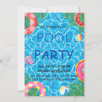 Invitation Piscine avec ballons de plage colorés et bagues de