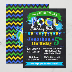 Invitation Piscine Bleue Chalkboard Anniversaire Bassin d'été