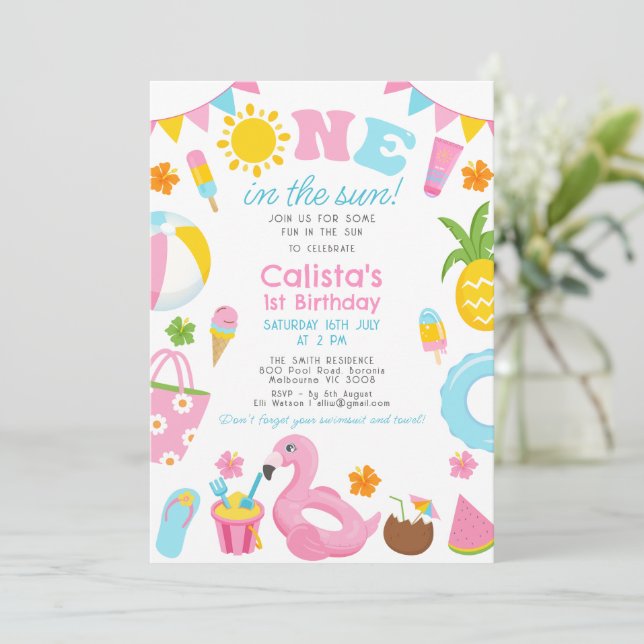 Invitation Piscine colorée Un dans le soleil 1er anniversaire (Debout devant)