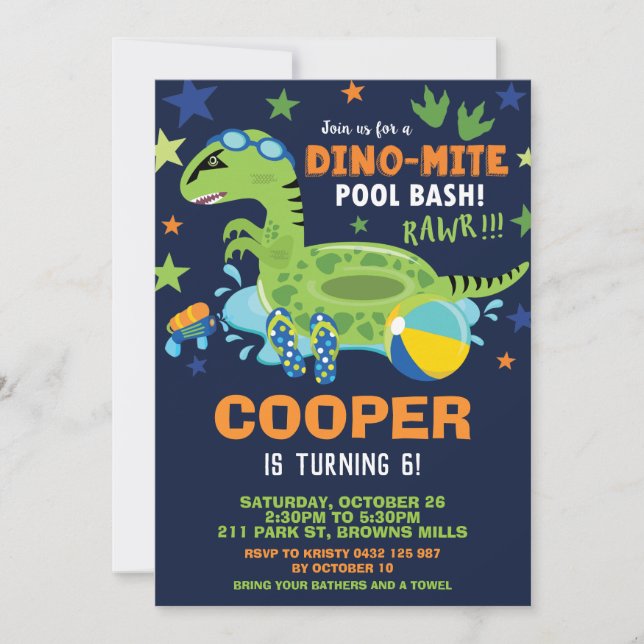Invitation Piscine de Dinosaur fête d'anniversaire Bash Boy D (Devant)