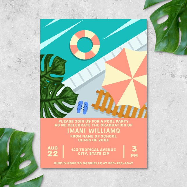 Invitation Piscine de diplômés Fête Piscine tropicale Scène (Engagement pool party invitation with tropical vibes)