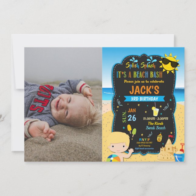 Invitation Piscine de plage Anniversaire Fête Blond Boy Photo (Devant)