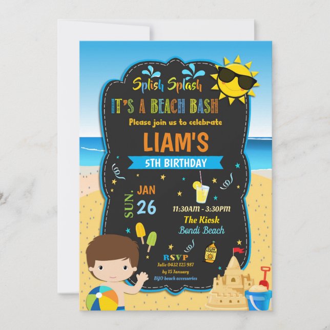 Invitation Piscine de plage Anniversaire Fête Garçons été (Devant)