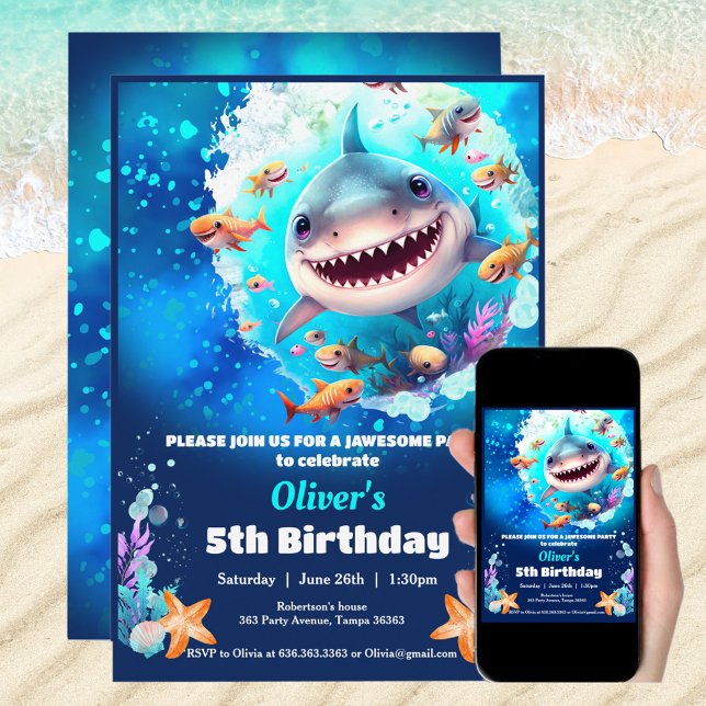 Invitation Piscine de requin Anniversaire Fête Garçon âge per (Shark Birthday Pool Party Boy custom age Invitation)