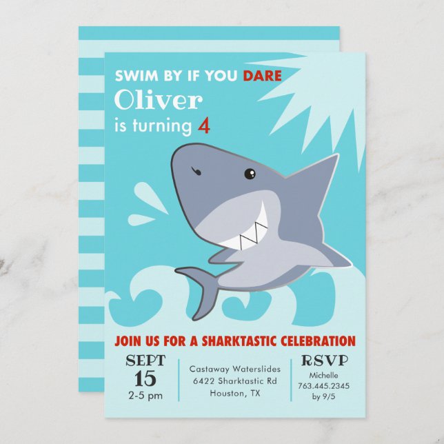 Invitation Piscine de requin fête d'anniversaire Sharktastic (Devant / Derrière)