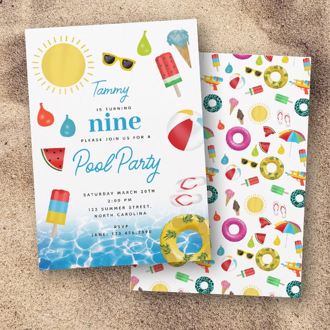 Invitation Piscine d'été à thème pour enfants Fête d'annivers (Summer Themed Kids Pool Birthday Party Invitation)