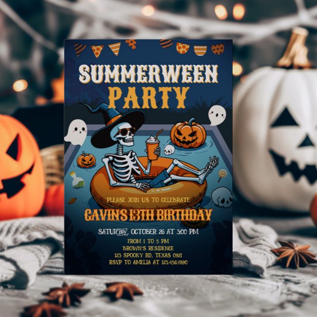 Invitation Piscine d'été d'Halloween Anniversaire (Halloween Pool Summerween Birthday Invitation)