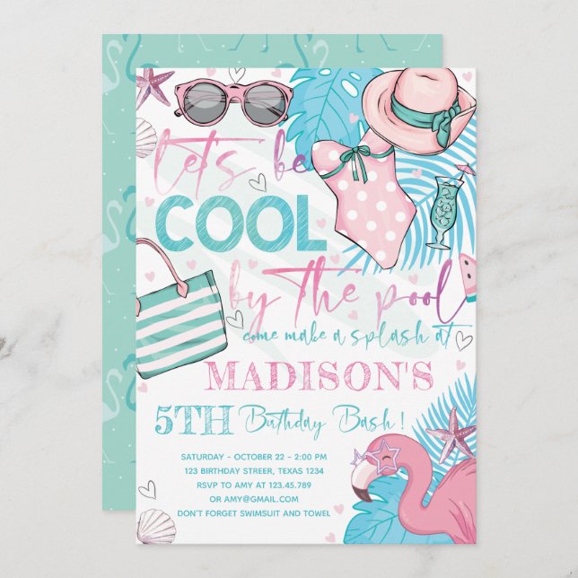 Invitation Piscine d'été Fête d'anniversaire mignonne rose Tu (Devant / Derrière)