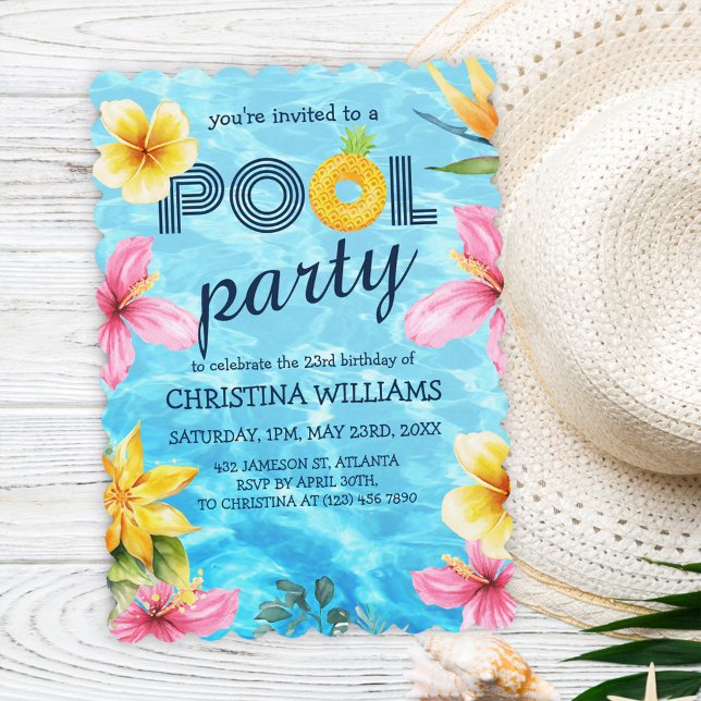 Invitation Piscine d'été tropicale fête d'anniversaire (Tropical Summer Pool Birthday Party Invitation)