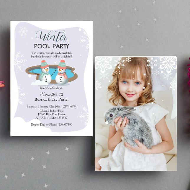 Invitation Piscine d'hiver violet photo fête d'anniversaire (Photo Invitation)