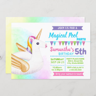 Invitation Piscine d'Unicorne fête d'anniversaire pastel rain