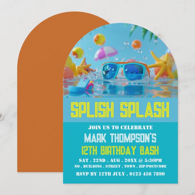 Invitation Piscine ensoleillée, fête de la piscine d'annivers (Devant / Derrière)