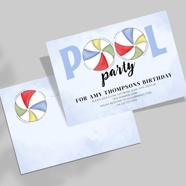 Invitation Piscine Fête Anniversaire Été Tendance Beach Balls (Summer Pool Party Birthday invitation with whimsical beach balls. )