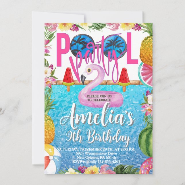 Invitation Piscine Fête Anniversaire, Fête de la Piscine, Tou (Devant)