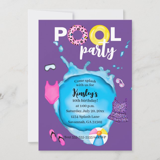 Invitation Piscine fête Anniversaire léopard maillot de bain  (Devant)