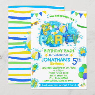 Invitation Piscine fête d'anniversaire bleu vert jaune