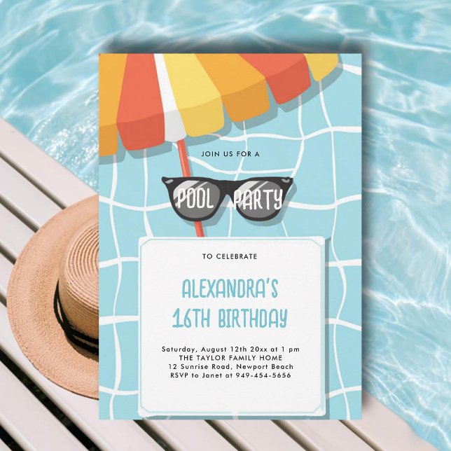 Invitation Piscine fête d'anniversaire Cool moderne Ado Sweet (sweet 16 pool party invitations ideas modern simple pink yellow orange teal aqua cool sunglasses)