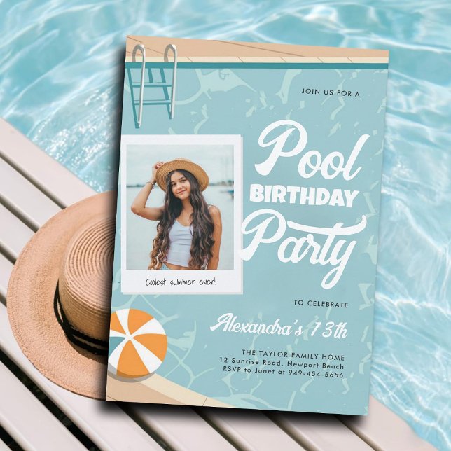 Invitation Piscine fête d'anniversaire moderne Ado d'été Twee (teen pool party invitations for girls tween thirteen photo template modern vintage cute cool chic)