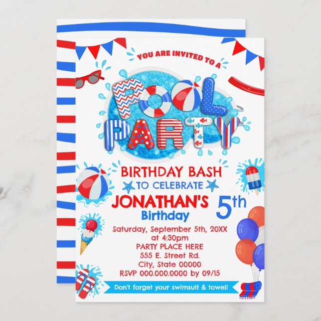 Invitation Piscine Fête d'été Rouge Blanc Bleu (Devant / Derrière)