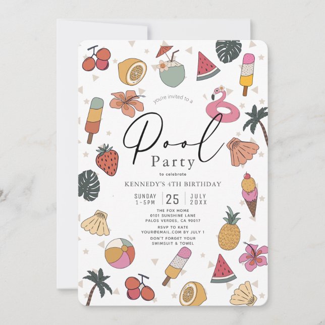 Invitation Piscine Fête Été Natation Fille Anniversaire (Devant)