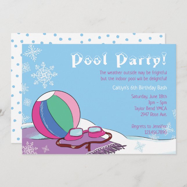 Invitation Piscine fêtée en hiver Filles nage intérieure neig (Devant / Derrière)