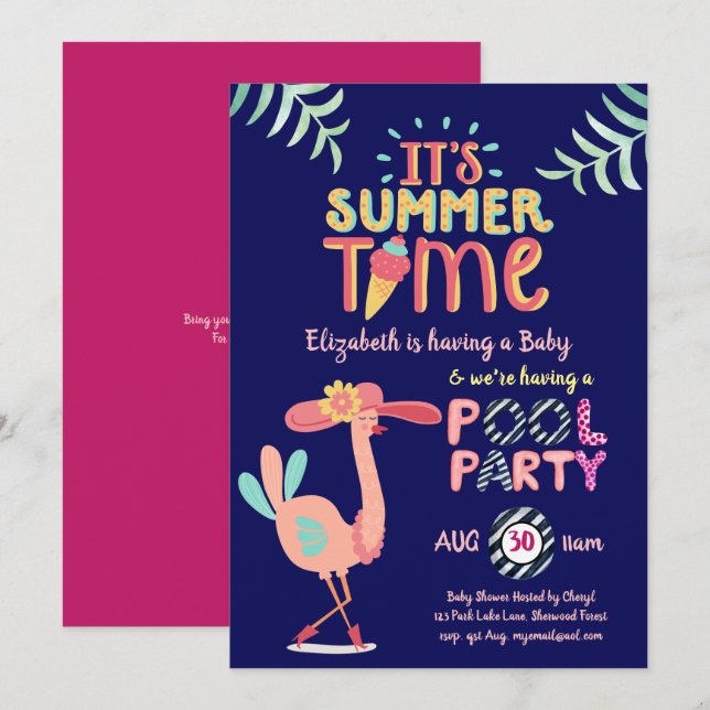 Invitation PISCINE Flamant rose Tropicale Pink Blue Quirky Fu (Devant / Derrière)