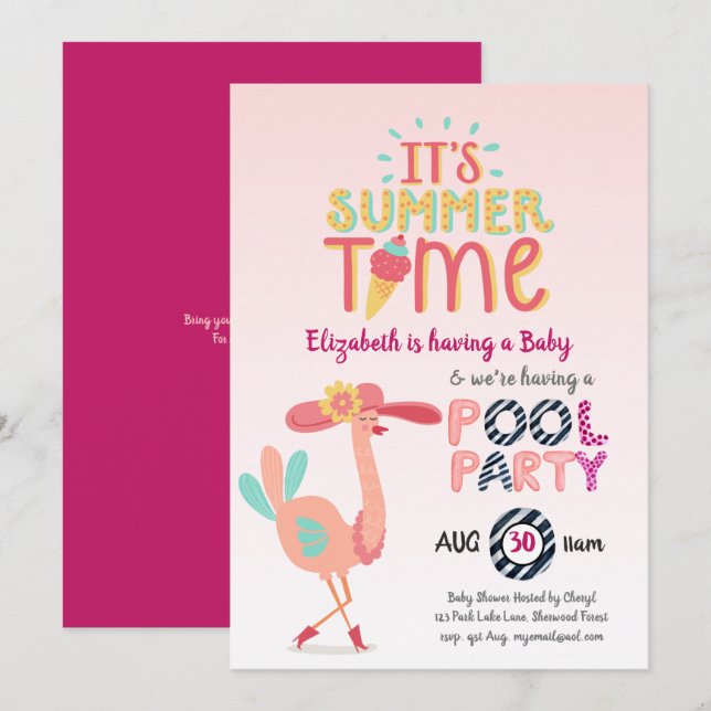 Invitation PISCINE Flamant rose Tropicale Pink Blue Quirky Fu (Devant / Derrière)