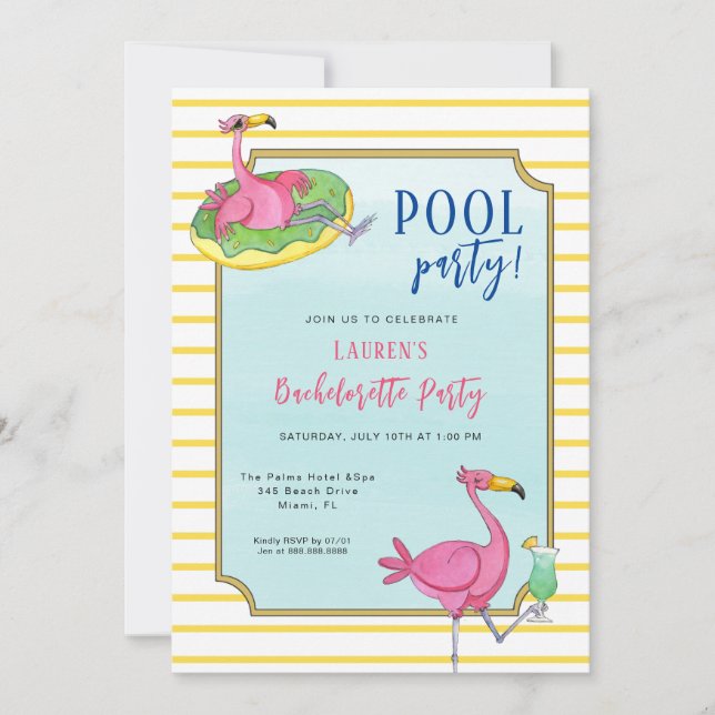 Invitation Piscine Flamants roses roses Bachelortie (Devant)