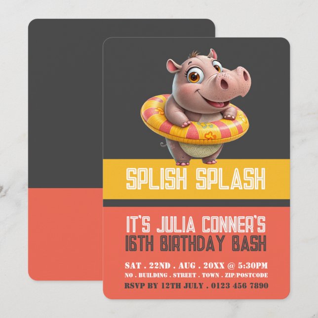 Invitation Piscine Hippo, Pool Party Anniversaire (Devant / Derrière)