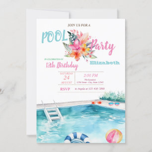 Invitation Piscine Lunettes de flottaison Fleurs Anniversaire