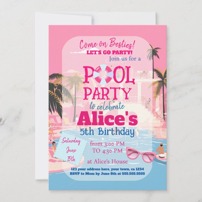 Invitation Piscine Party Doll Malibu Beach Anniversaire (Devant)