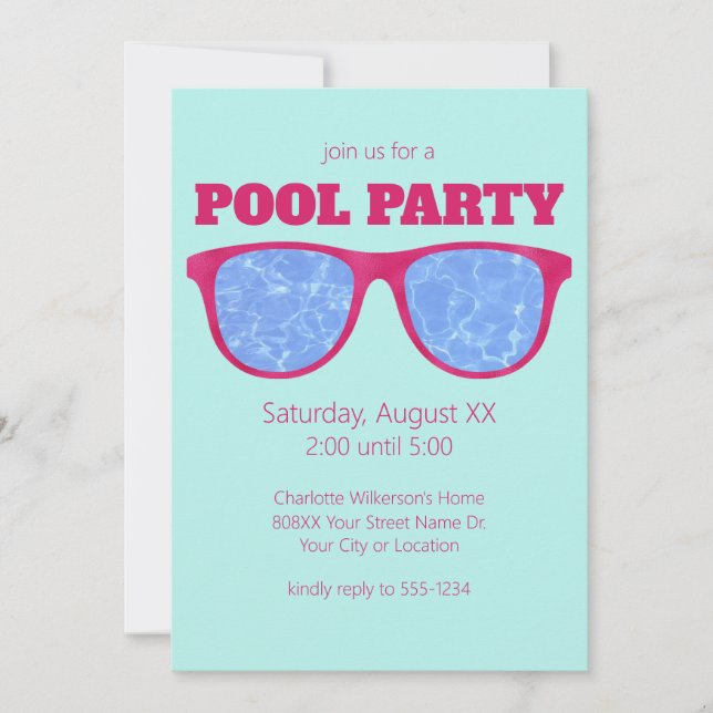 Invitation Piscine Party Hot Pink lunettes de soleil sur Turq (Devant)