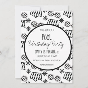 Invitation Piscine Party noir blanc couleur maillot de bain