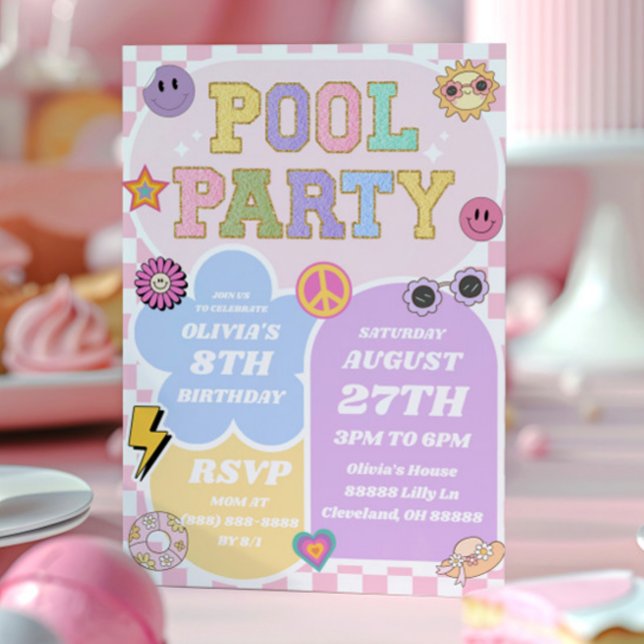 Invitation Piscine Party Preppy Varsity Patch Anniversaire (Créateur téléchargé)