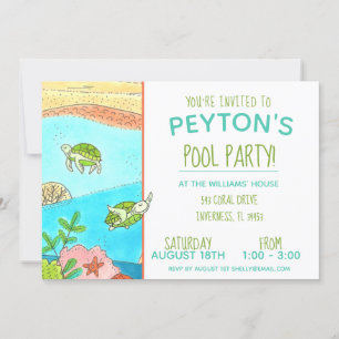 Invitation Piscine Party Tortues été Anniversaire
