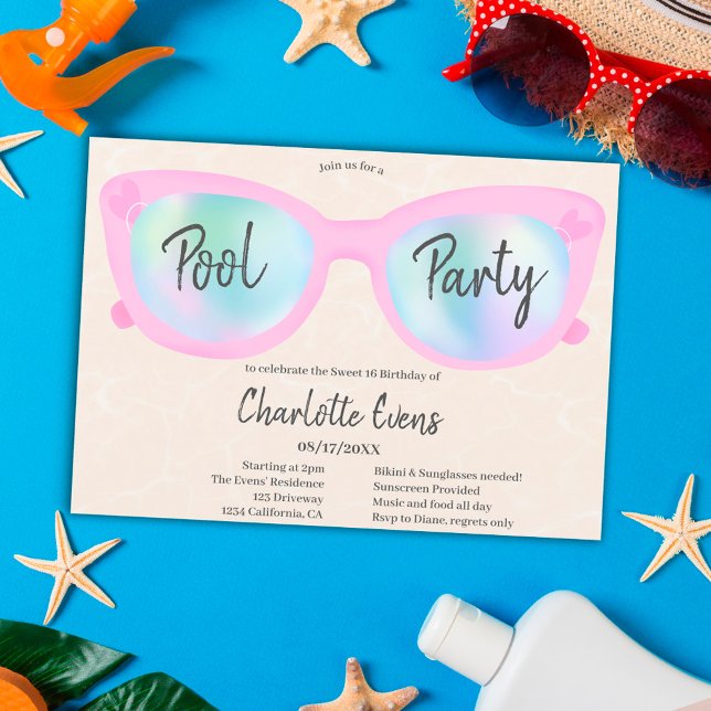 Invitation Piscine rose lunettes holographiques Sweet 16 (Créateur téléchargé)