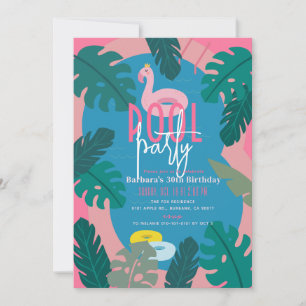 Invitation Piscine rose néon tropical Adulte Anniversaire