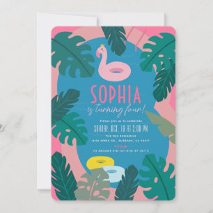 Invitation Piscine rose néon tropical fille Anniversaire