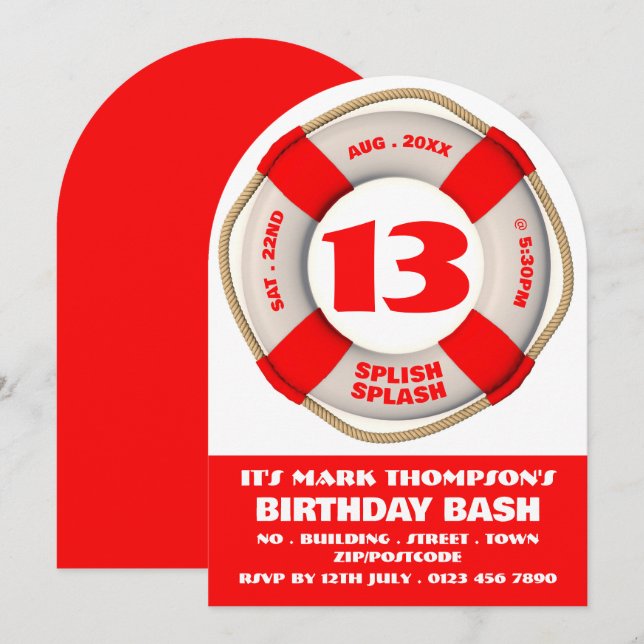 Invitation Piscine Rouge Donut, Pool Party Anniversaire (Devant / Derrière)