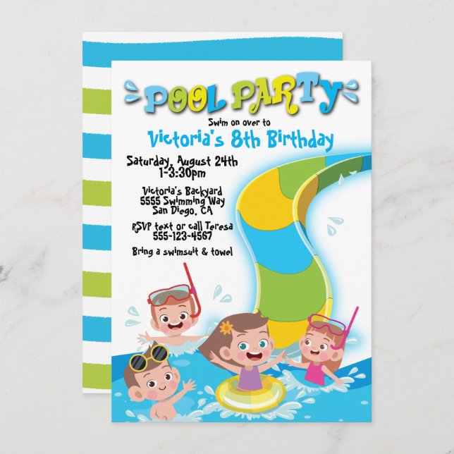 Invitation Piscine toboggan fête d'anniversaire (Devant / Derrière)