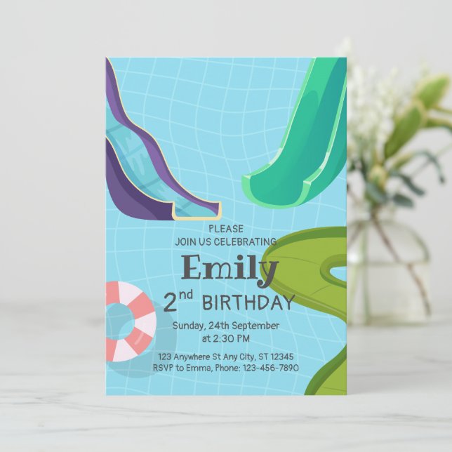 Invitation Piscine toboggans fête d'anniversaire, toboggan aq (Debout devant)