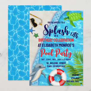 Invitation Piscine tropicale, Dauphin/Tortue Anniversaire Pis
